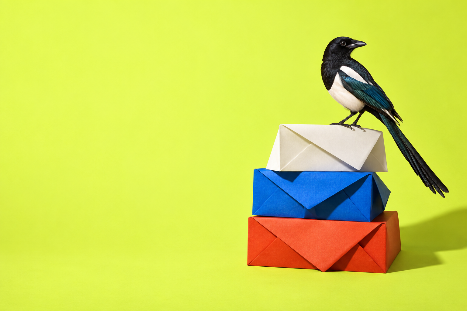 A magpie perched on a stack of white, blue, and orange envelopes.